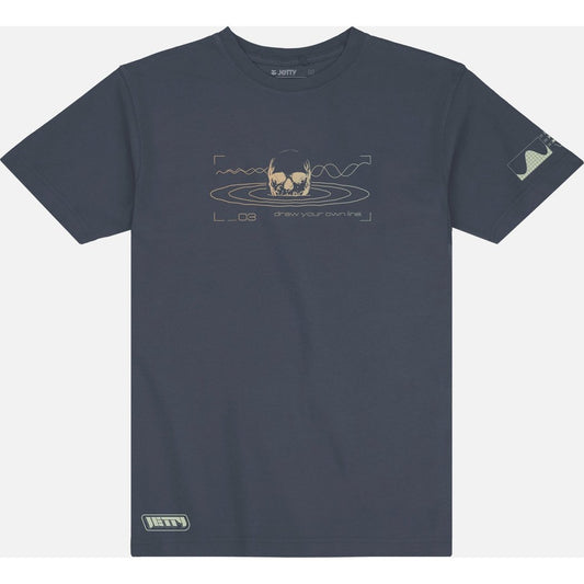 Front view of the Jetty Radius Tee in Navy showing the skull graphic and small Jetty logo on the sleeve.