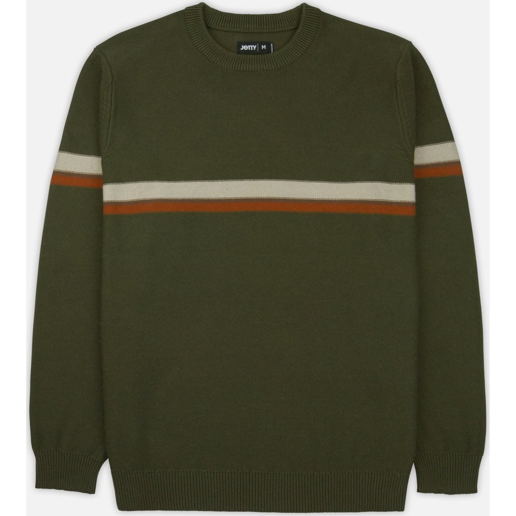 Front view of the Jetty Sebastian Striped Sweater - Olive showing the horizontal stripes on a plain background.