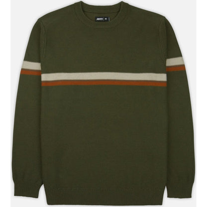 Front view of the Jetty Sebastian Striped Sweater - Olive showing the horizontal stripes on a plain background.