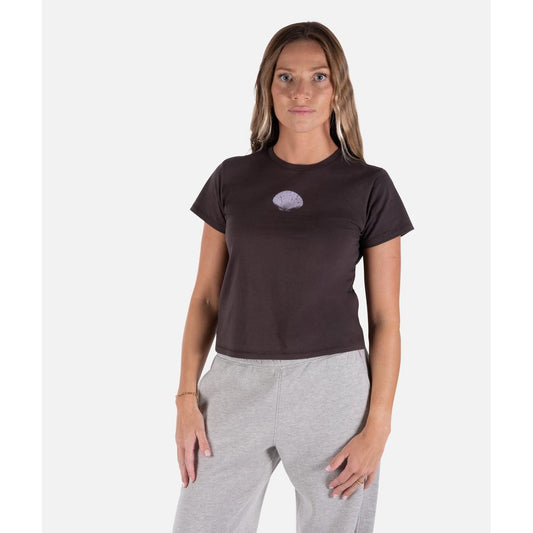 Front view of the Jetty The Search Short Sleeve Tee in Black on a model wearing gray sweatpants against a white background.