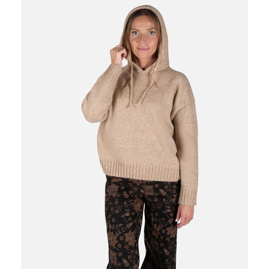 Front view of the Jetty Womens Beacon Jersey Hoodie in Oatmeal with a model wearing it against a plain white background.