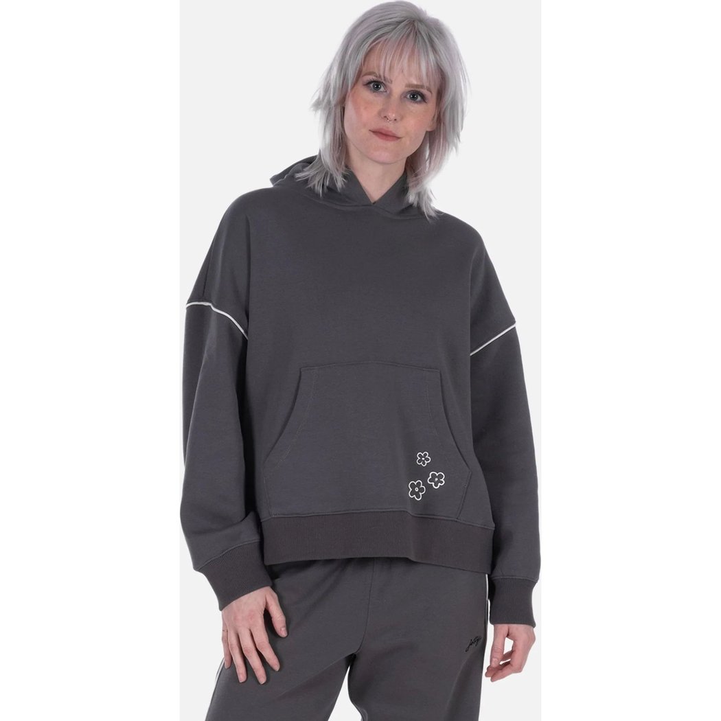 Front view of the Jetty Womens Wren Hoodie in Charcoal with a model wearing it against a white background.
