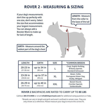 Side view of the K9 Sport Sack Rover 2 showing measuring instructions and size chart on a white background.