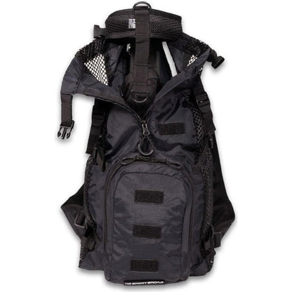 A front view of the K9 Sport Sack Walk-on with Harness & Storage in Anthracite Black showing the front pocket and mesh shoulder straps against a white background.