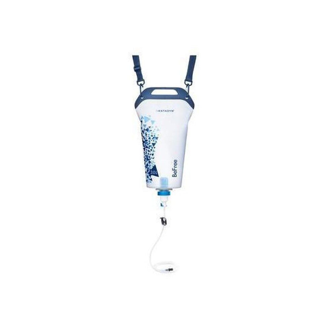 A front view of the Katadyn Gravity BeFree Microfilter 3.0L with blue straps and a white body against a plain white background.
