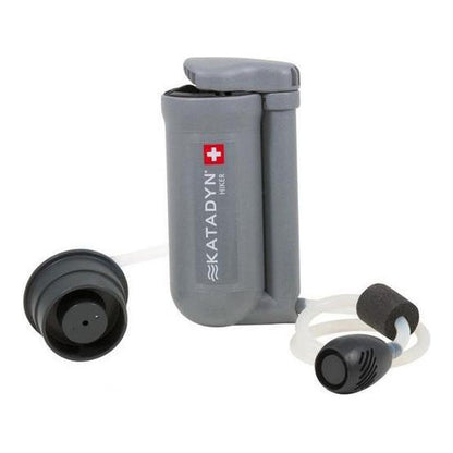 A front view of the Katadyn Hiker Microfilter in Charcoal/Graphite showing the filter body, cap, and drinking tube against a white background.