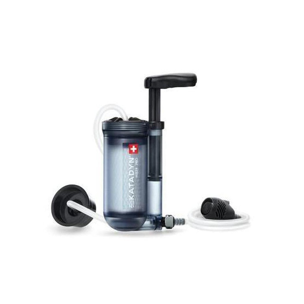A front view of the Katadyn Hiker PRO Transparent Microfilter with its pump handle and attached hose visible against a white background.