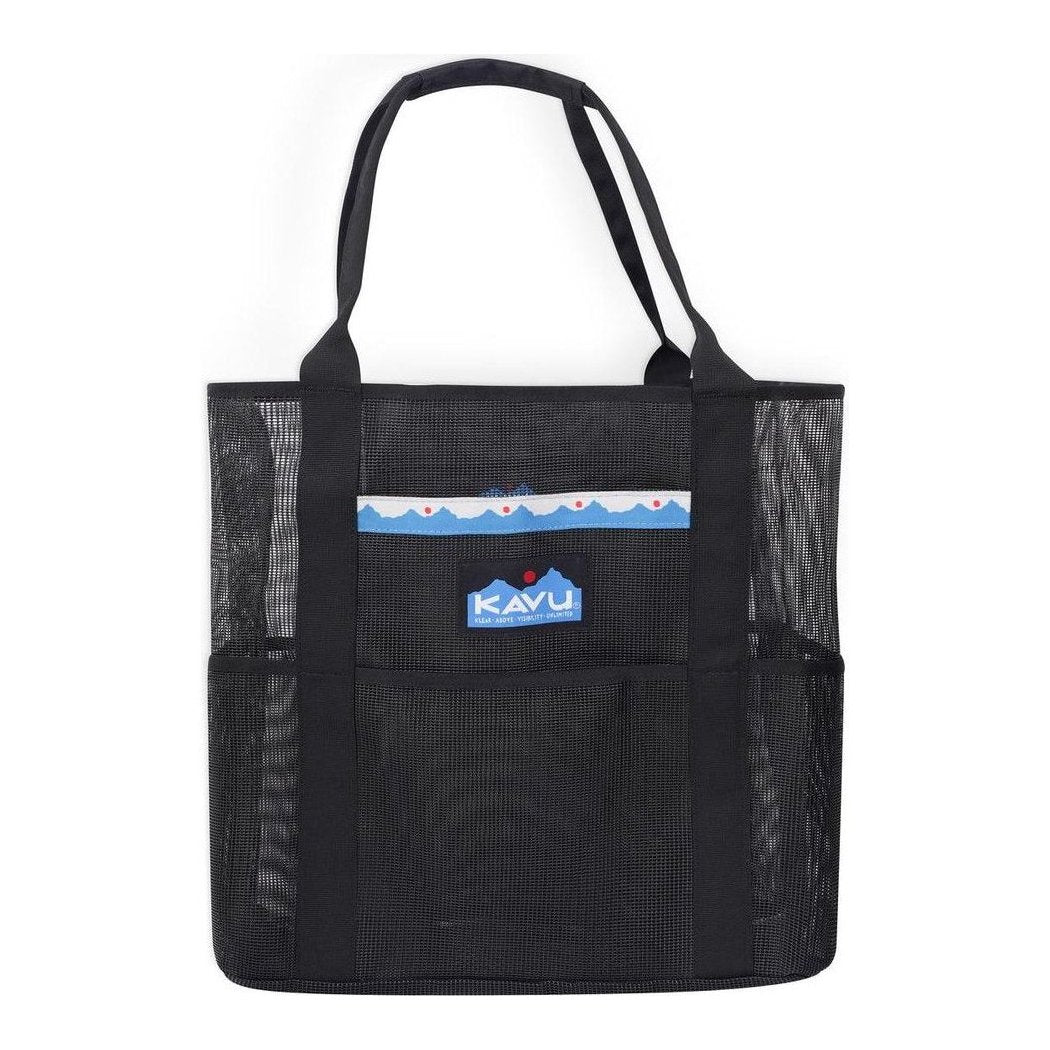 A front view of the Kavu Alder Lake Tote in Black showing the mesh sides and front pocket against a white background.