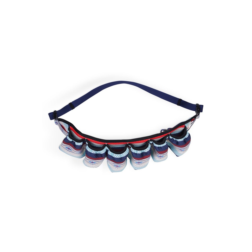 Front view of the Kavu Beer Buddy in Park Lines with a blue strap and multiple pockets against a white background.