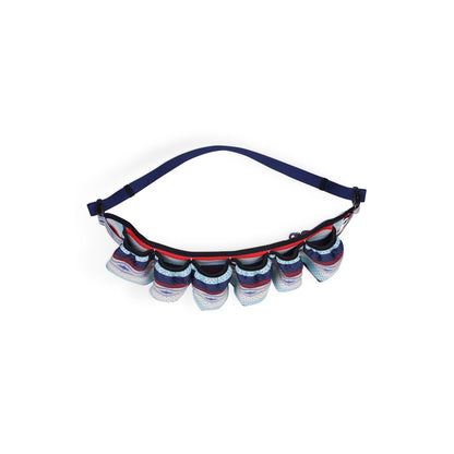Front view of the Kavu Beer Buddy in Park Lines with a blue strap and multiple pockets against a white background.