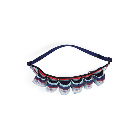 Front view of the Kavu Beer Buddy in Park Lines with a blue strap and multiple pockets against a white background.