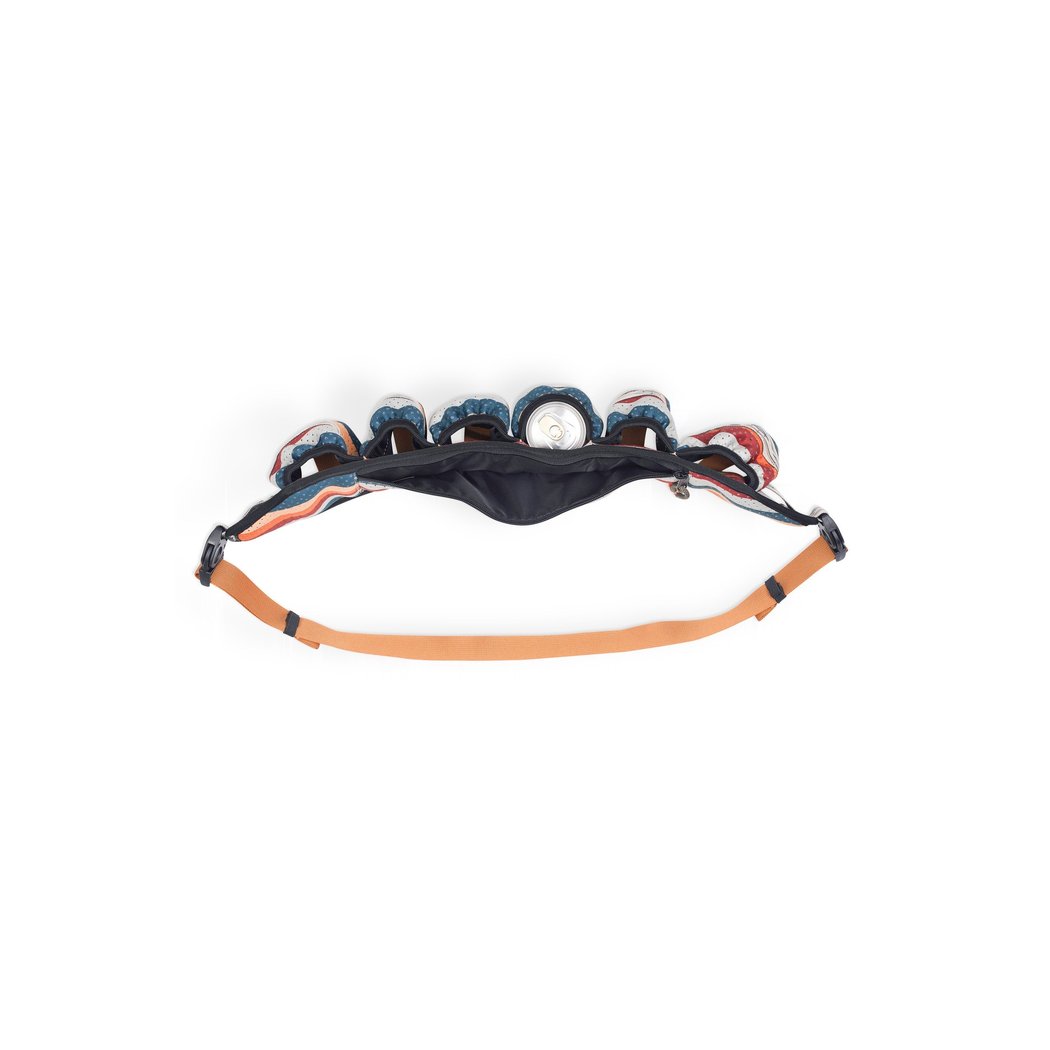 Top view of the Kavu Beer Buddy in Park Lines showing the adjustable strap and multiple pockets against a white background.