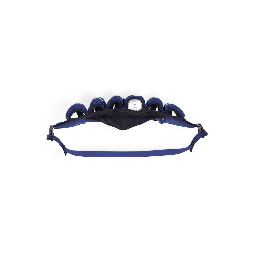 Top view of the Kavu Beer Buddy in Park Lines showing the adjustable strap and padded back against a white background.