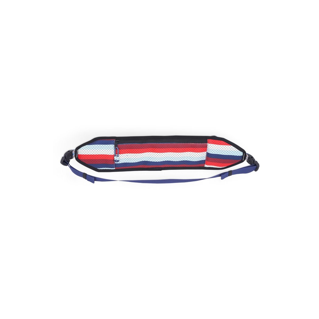 Side view of the Kavu Beer Buddy in Park Lines with a blue strap against a white background.