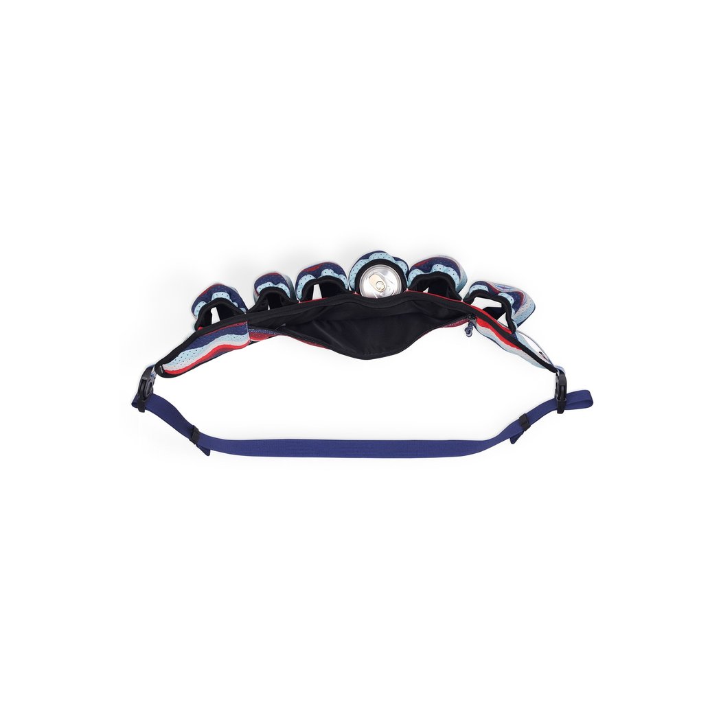 Top view of the Kavu Beer Buddy in Park Lines showing the adjustable strap and insulated pocket against a white background.