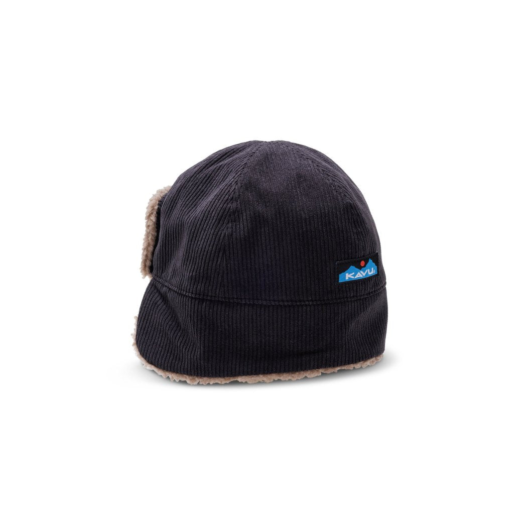 Side view of the Kavu Fur Ball Fudd in Moonless Night showing the corduroy texture and fur trim against a white background.