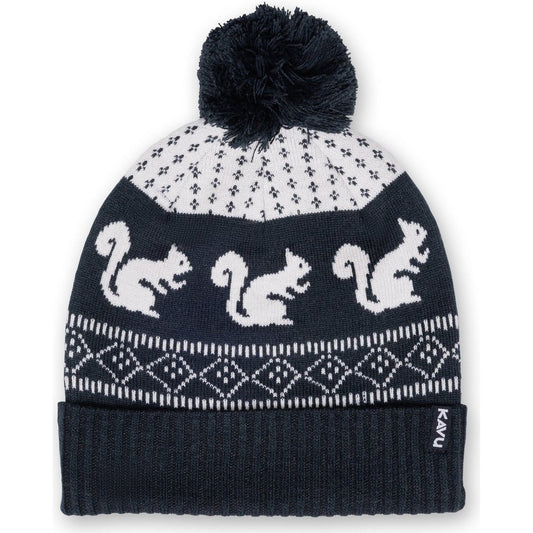 Front view of the Kavu Herschel in Squirrely showing three white squirrels on a dark blue knit hat with a black pom-pom.