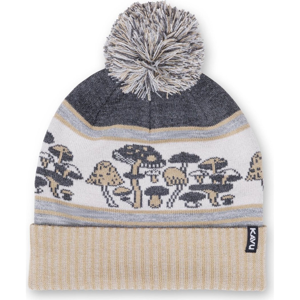 Front view of the Kavu Herschel in Squirrely showing the mushroom knit pattern and pom pom against a white background.