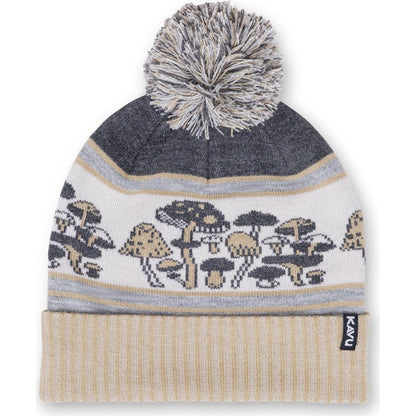 Front view of the Kavu Herschel in Squirrely showing the mushroom knit pattern and pom pom against a white background.