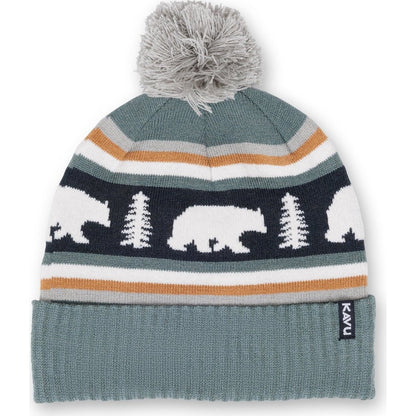 Front view of the Kavu Herschel in Squirrely showing the pom pom and bear/tree pattern against a white background.