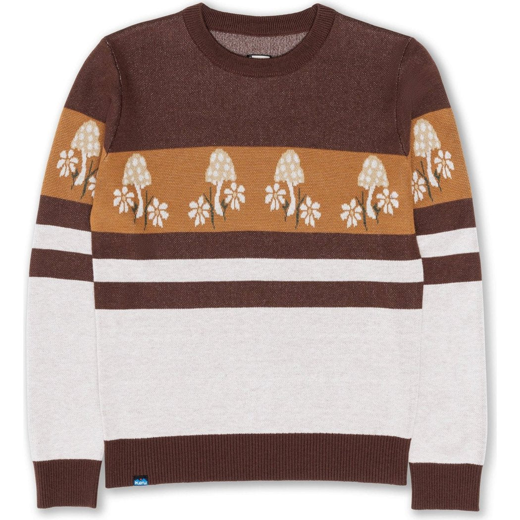 Front view of the Kavu Hillrose Women's sweater in Forage Patch showing the floral and striped pattern against a white background.