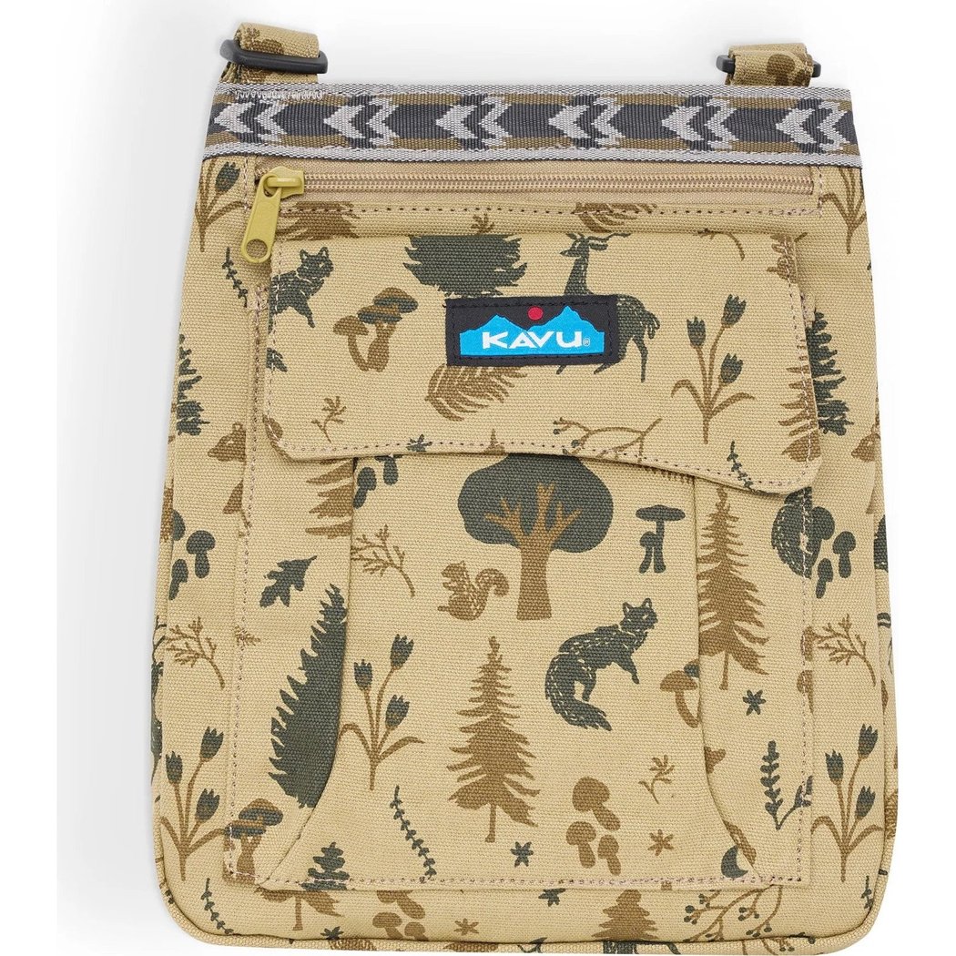 Front view of the Kavu Keeper in Off Trail showing the nature print and front pocket against a white background.