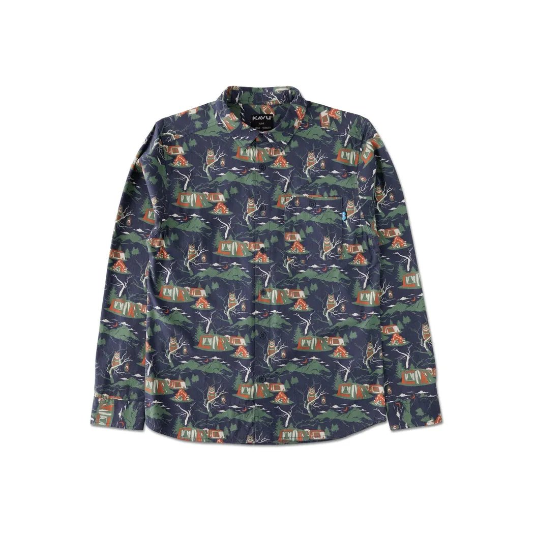 A front view of the Kavu Men's Westerly shirt in Woodland Camp color showing the camp-themed print against a white background.