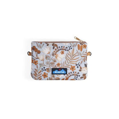 A front view of the Kavu Renrose wallet in Dark Sky Ikat with a floral pattern and a blue KAYU label, against a white background.