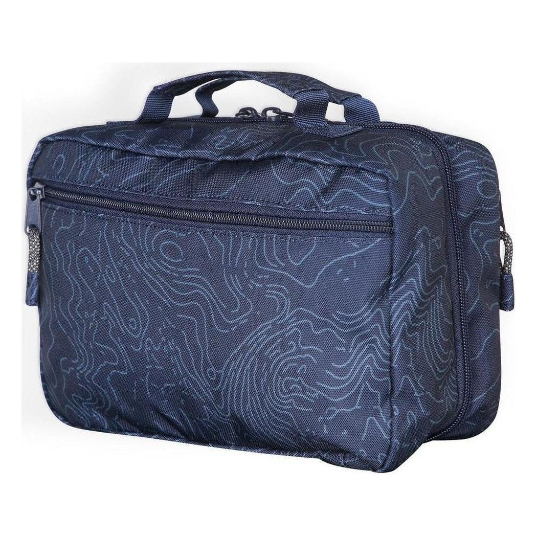 A front view of the Kavu Take In Tow in Ground Cover showing the topographic pattern and zippered front pocket against a white background.