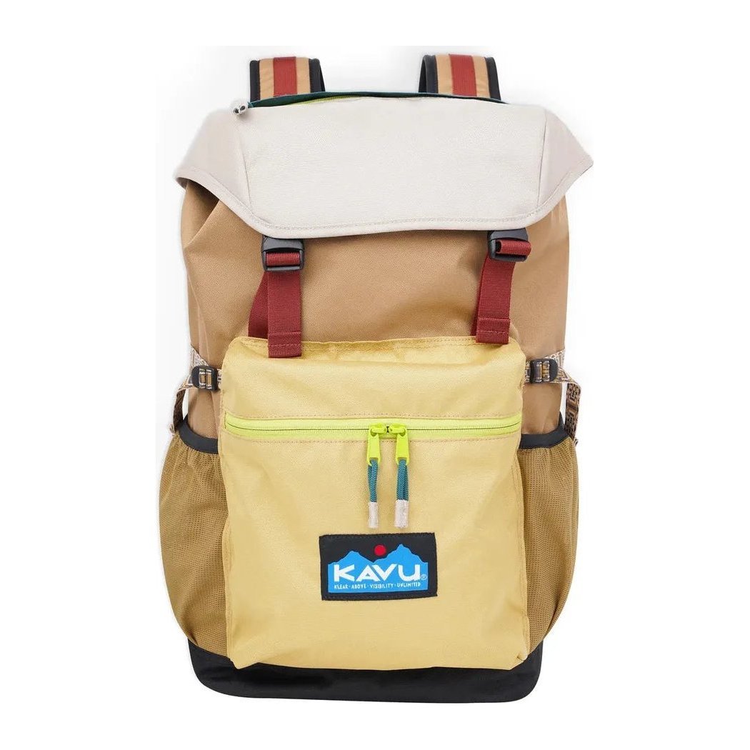 A front view of the Kavu Timaru daypack in Forest Pass color with a front pocket and red straps against a white background.