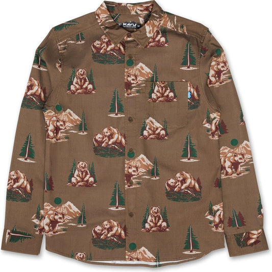 Front view of the Kavu Westerly in Faraway Forest showing a bear and tree pattern on a brown shirt.