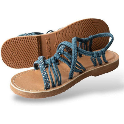 A front view of the Kavu Women's Alderbrooke sandals in Pavement color showing the braided straps and brown sole against a white background.