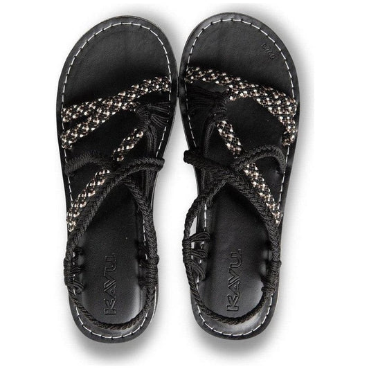 Top view of the Kavu Women's Alderbrooke sandals in Pavement color showing the braided straps and black laces against a white background.
