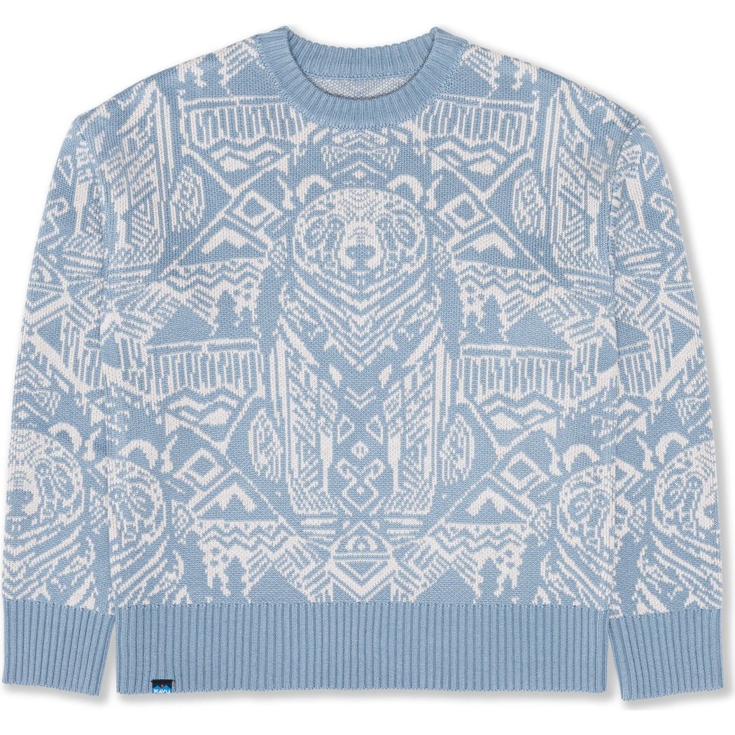Front view of the Kavu Wood Valley women's sweater in Big Bear featuring a bear graphic and geometric patterns.