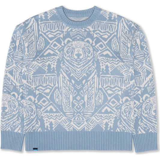 Front view of the Kavu Wood Valley women's sweater in Big Bear featuring a bear graphic and geometric patterns.