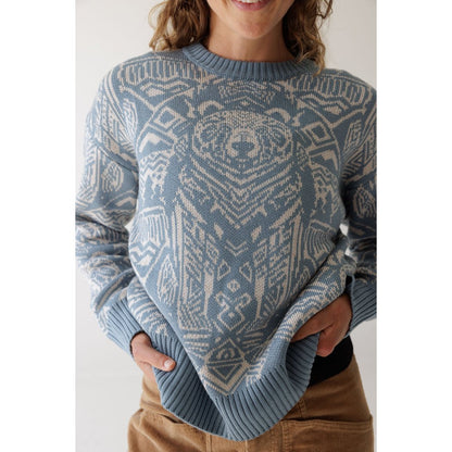 Front view of the Kavu Wood Valley women's sweater in Big Bear with a bear graphic, model wearing it against a plain background.