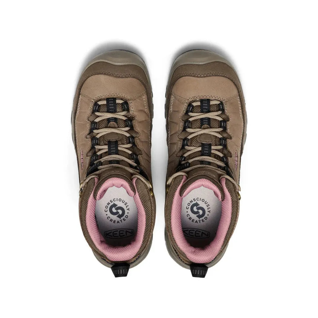 Top view of the Keen Women's Targhee IV Waterproof Hiking Boot in Brindle/Nostalgia Rose showing the tongue label and lacing system against a white background.