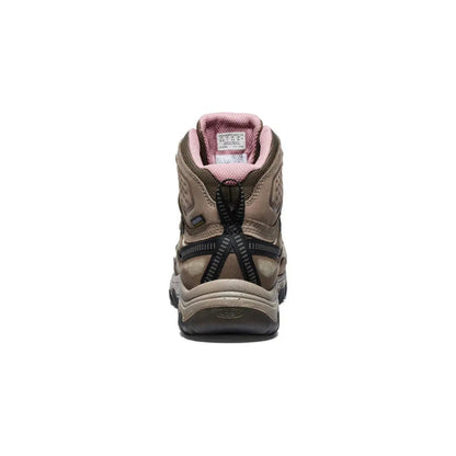 Back view of the Keen Women's Targhee IV Waterproof Hiking Boot in Brindle/Nostalgia Rose with a pink interior and black lacing system against a white background.
