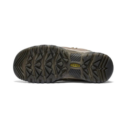 The sole of the Keen Women's Targhee IV Waterproof Hiking Boot in Brindle/Nostalgia Rose is shown from below against a white background.