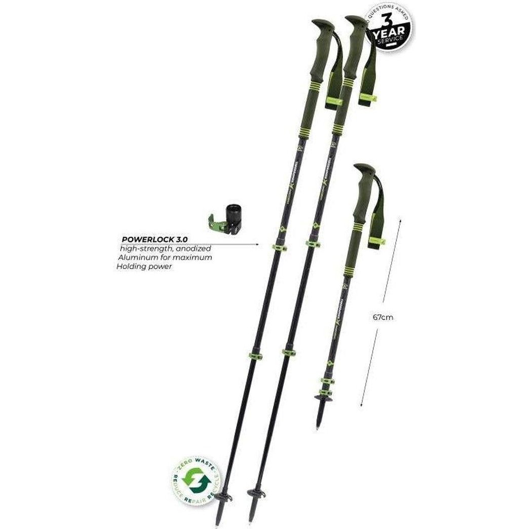 Two Komperdell Carbon PRO ZERO trekking poles in charcoal/graphite with Powerlock 3.0 feature and 67cm length shown against a white background.