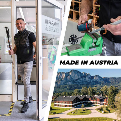 A man in a black vest stands by a "REPARATUR & SERVICE" door holding a Komperdell Explorer Zero Cork trekking pole, with a "MADE IN AUSTRIA" mountain scene below.