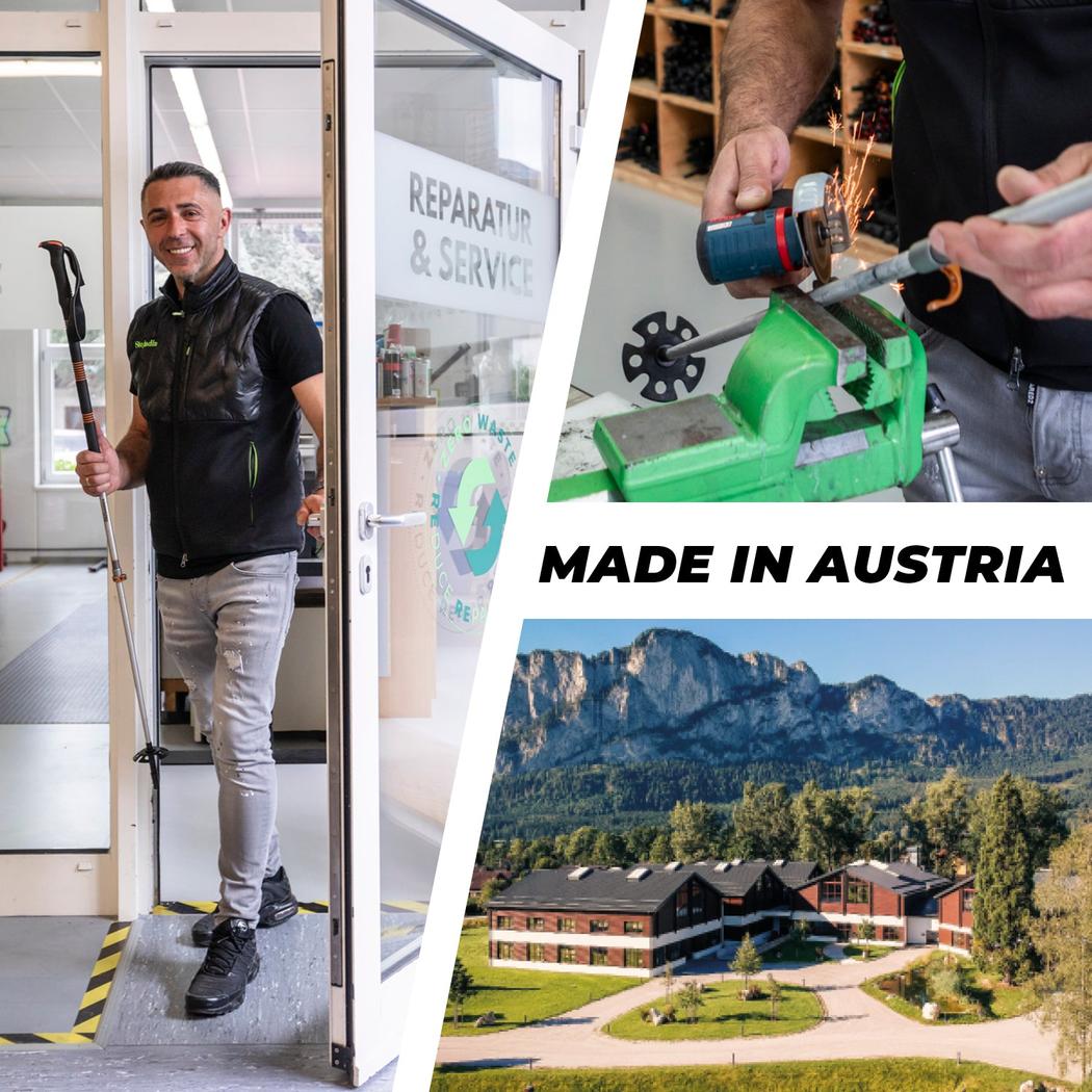 A man stands in a "REPARATUR & SERVICE" doorway holding Komperdell Explorer Zero trekking poles, with a "MADE IN AUSTRIA" mountain lodge scene below.