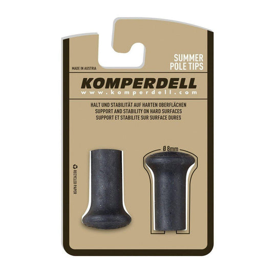 Komperdell Summer Pole Tips in charcoal color shown from front and side on a brown card with text about support on hard surfaces.