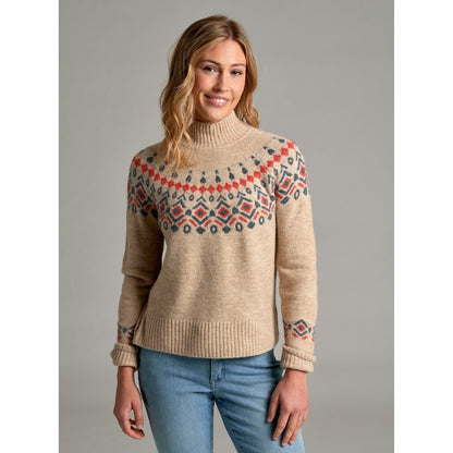 Front view of the Kuhl Alpina Sweater in NATURAL with a geometric pattern on the shoulders and cuffs, worn by a model against a gray background.