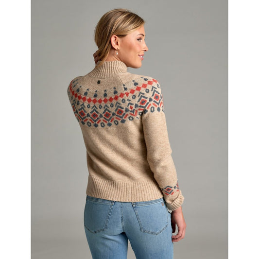 Back view of the Kuhl Alpina Sweater in NATURAL showing the patterned yoke and model wearing it against a gray background.