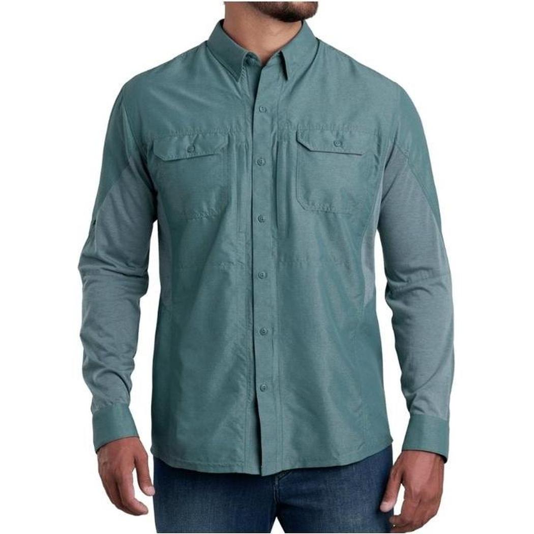 A front view of the Kuhl Men's Airspeed Long Sleeve in Deep Waters showing chest pockets and a white background.