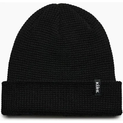 A front view of the Kuhl Rebel Thermal Beanie in Raven with a black tag on the cuff against a white background.
