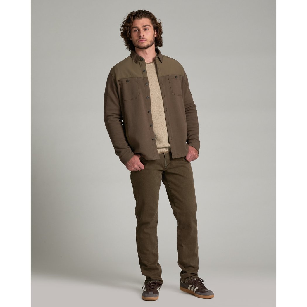 Front view of the Kuhl Relentr™ Shirt-Jac in Kanteen on a man standing against a gray background.