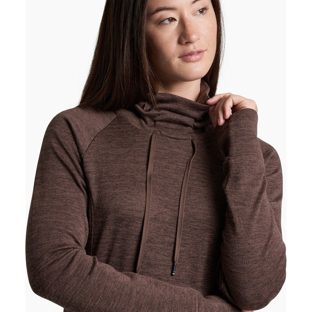 Front view of the Kuhl Women's Elia Pullover in Coffee showing the drawstring neck and model wearing it.