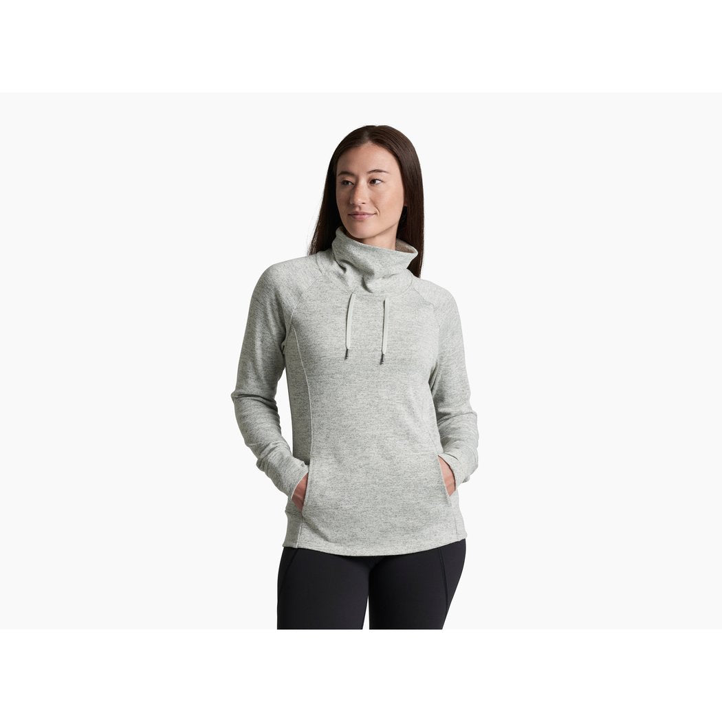Front view of the Kuhl Women's Elia Pullover in Coffee with a model wearing it against a white background.